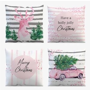 Pink Christmas Throw Pillow Covers 18 X 18 Set of 4 Holiday Farmhouse Striped